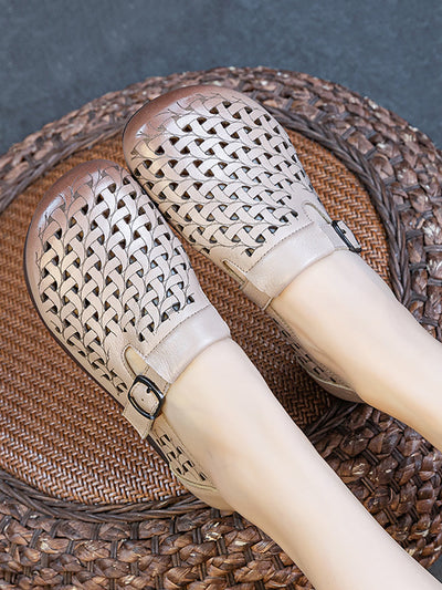 Women Casual Soft Leather Hollow Out Low Heel Shoes