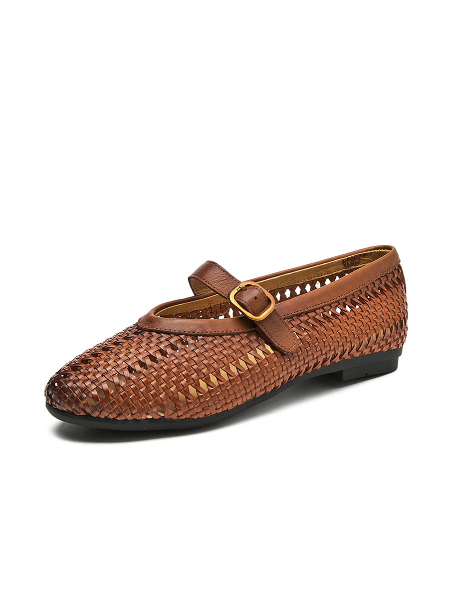 Women Vintage Leather Weave Low Heel Sandals