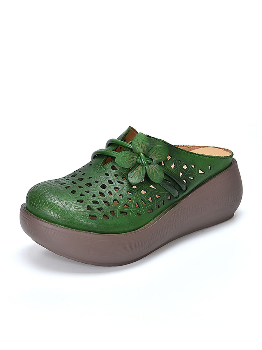 Women Ethnic Leather Flower Hollow Out Platform Slippers