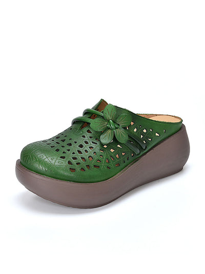Women Ethnic Leather Flower Hollow Out Platform Slippers