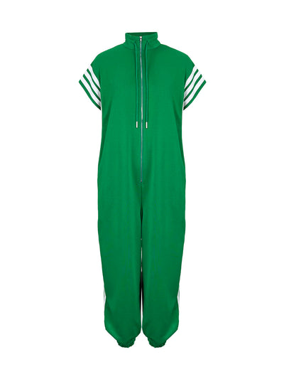 White Plus Size Contrast Color Pockets Split-Joint Striped Zipper Stand Collar Jumpsuits
