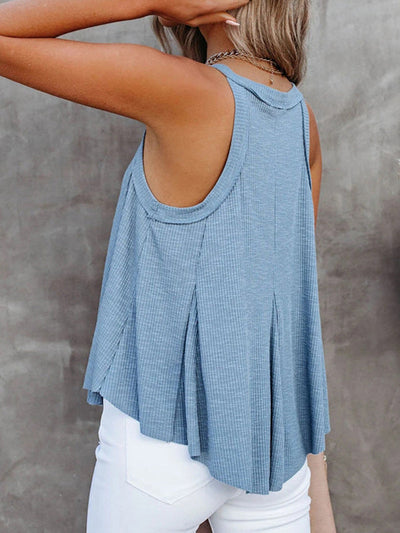 Loose Sleeveless Pleated Solid Color V-Neck Vest Top