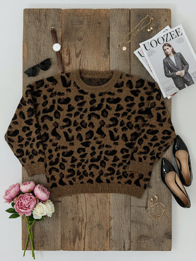 Long Sleeves Loose Leopard Round-Neck Sweater Tops