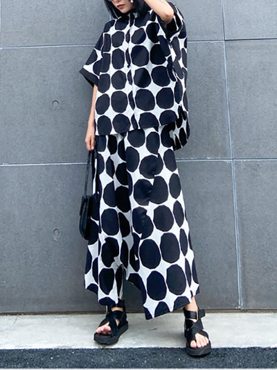 Batwing Sleeves Buttoned Polka-Dot Round-Neck Shirts Top + Elasticity Pockets Harem Pants Pants Bottom Two Pieces Set
