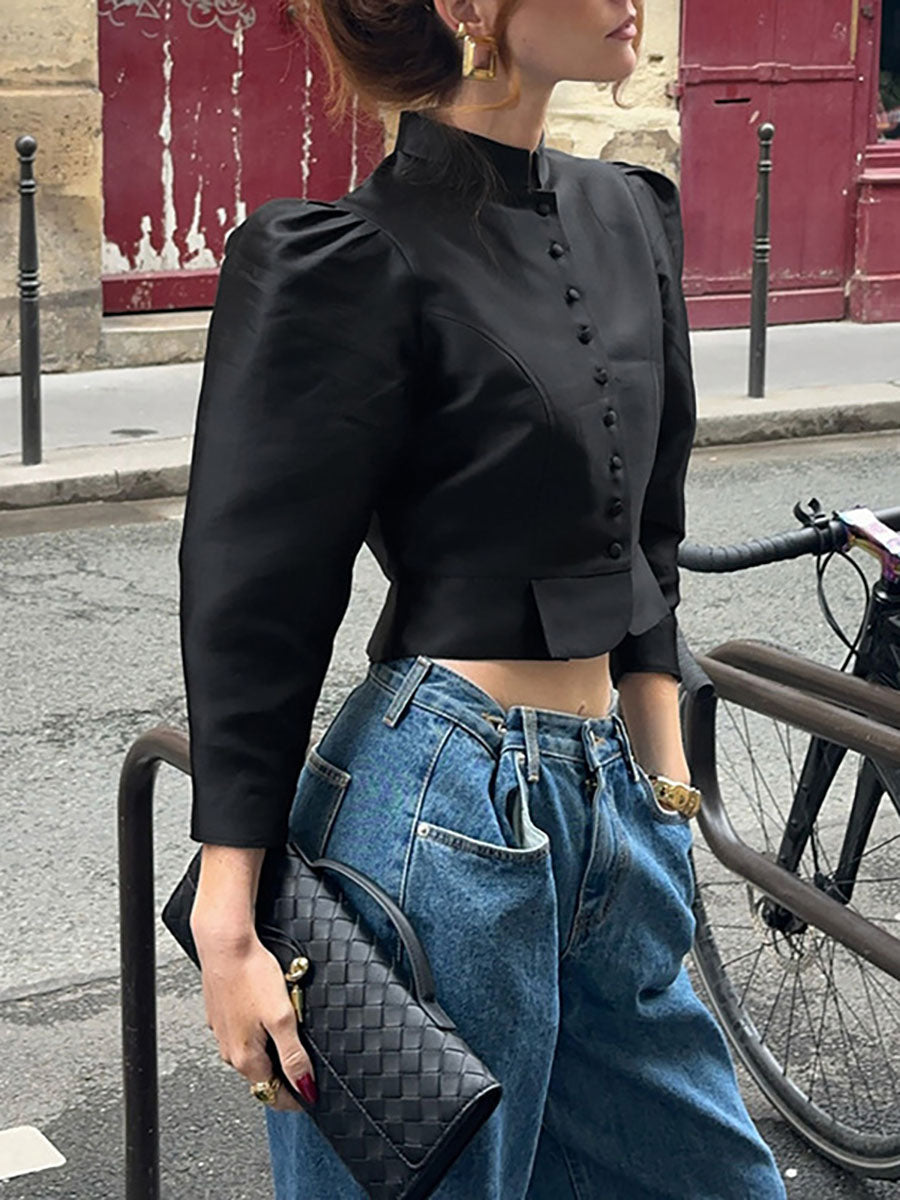 Long Sleeves Loose Buttoned Solid Color Mock Neck Blouses&Shirts Tops