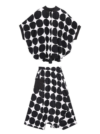 Batwing Sleeves Buttoned Polka-Dot Round-Neck Shirts Top + Elasticity Pockets Harem Pants Pants Bottom Two Pieces Set