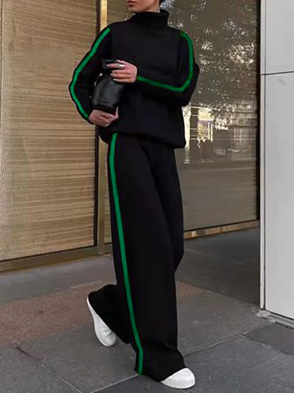 Long Sleeves Loose Buttoned Hollow Printed Split-Joint High Neck Sweatshirt Tops