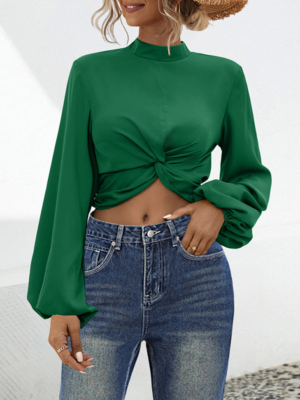 Long Sleeves Puff Sleeves Elasticity Hollow Knot Pleated Ruffled Mock Neck Blouses&Shirts Tops