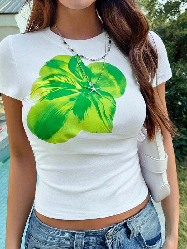 Short Sleeves Skinny Flower Print Round-Neck T-Shirts Tops