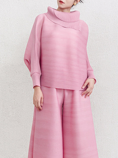Batwing Sleeves Loose Pleated Solid Color Mock Neck Blouses&Shirts Tops