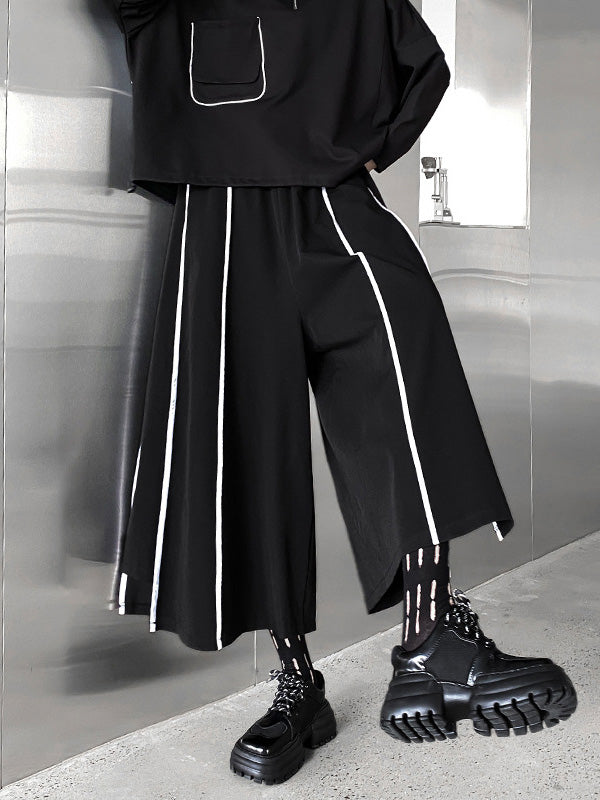 Vintage Loose Wide Leg Contrast Color Striped Elasticity Split-Joint Casual Pants Bottoms