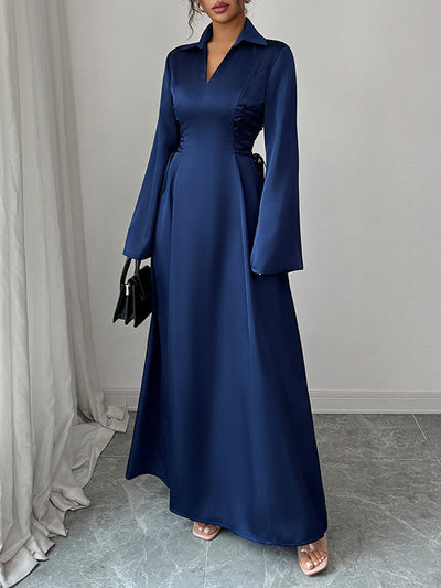 Flared Sleeves High Waisted Solid Color Tied Lapel Maxi Dresses
