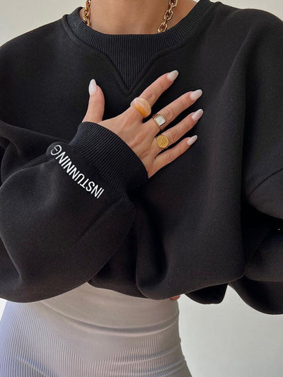 Long Sleeves Loose Letter Print Split-Joint Round-Neck Sweatershirt