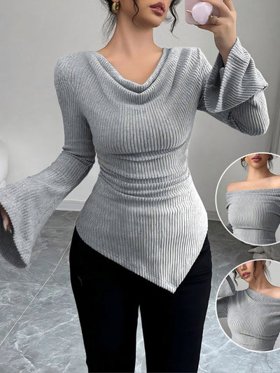 Flared Sleeves Irregularity Pleated Ribbed Knit Solid Color Heaps Collar T-Shirts Tops