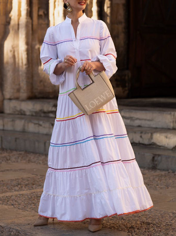 A-Line Long Sleeves Buttoned Contrast Color Elasticity Mock Neck Maxi Dresses