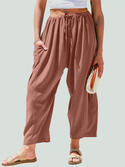 Column Loose Elasticity Pockets Solid Color Casual Pants Bottoms Trousers