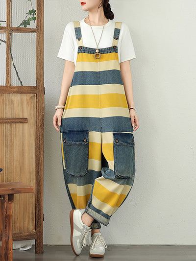 Women Summer Colorblock Stripe Denim Loose Jumpsuits