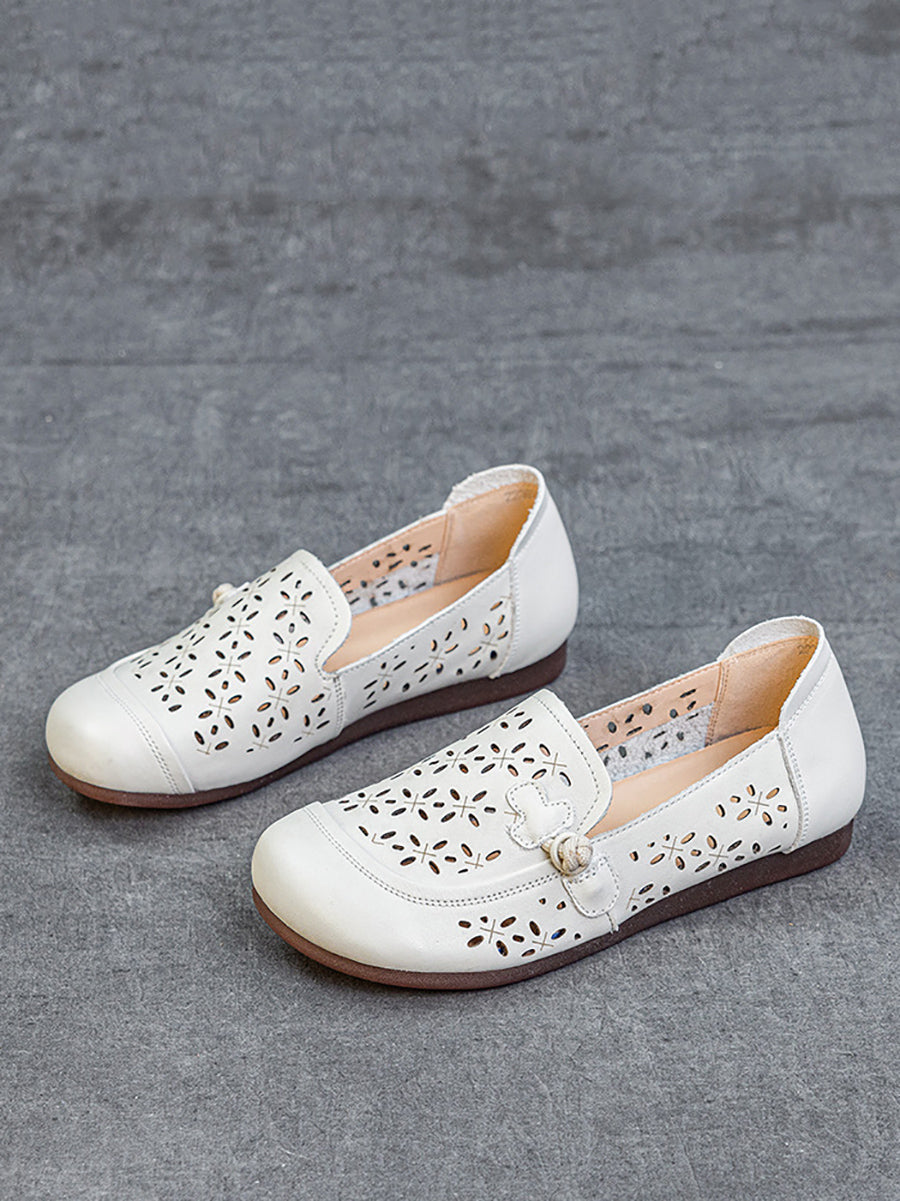 Women Vintage Genuine Leather Hollow Out Flat Shoes