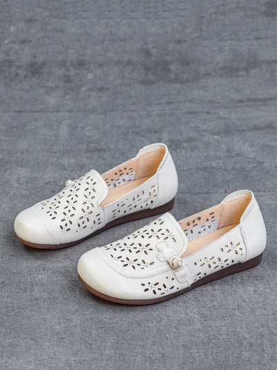 Women Vintage Genuine Leather Hollow Out Flat Shoes