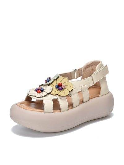 Women Casual Artsy Leather Flowe Platform Sandals