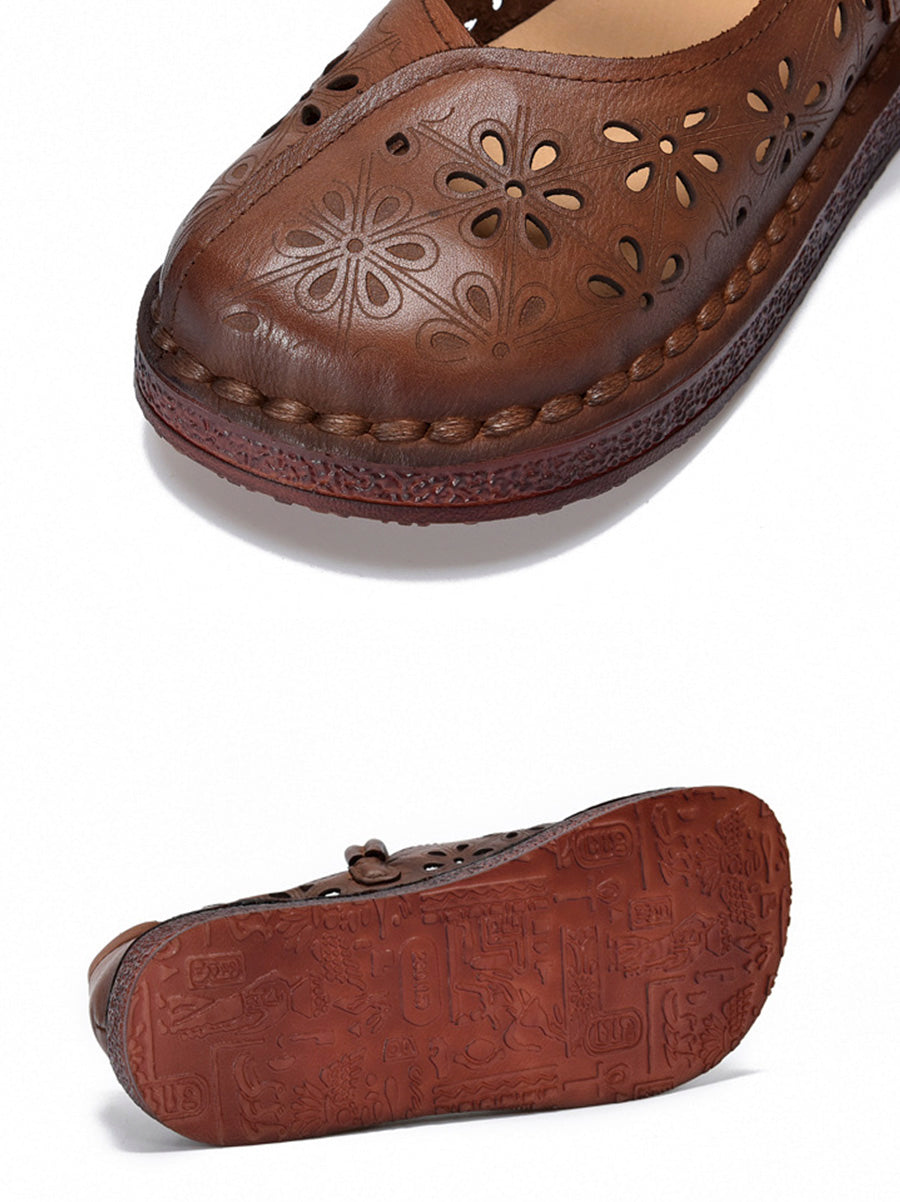 Women Vintage Leather Flower Hollow Out Low Heel Shoes