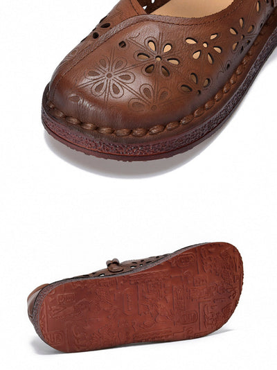 Women Vintage Leather Flower Hollow Out Low Heel Shoes