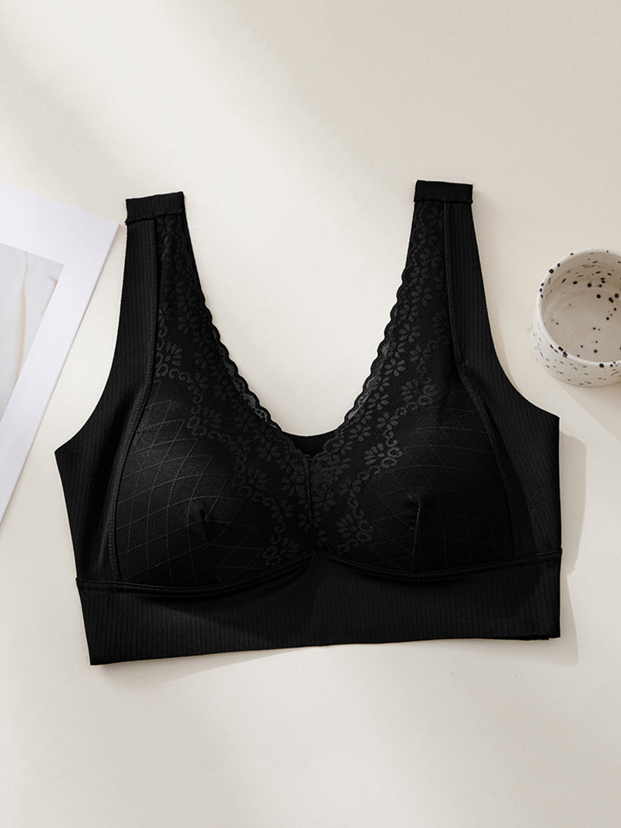 Women Artsy Pure Color Lace Satin Seamless Bra