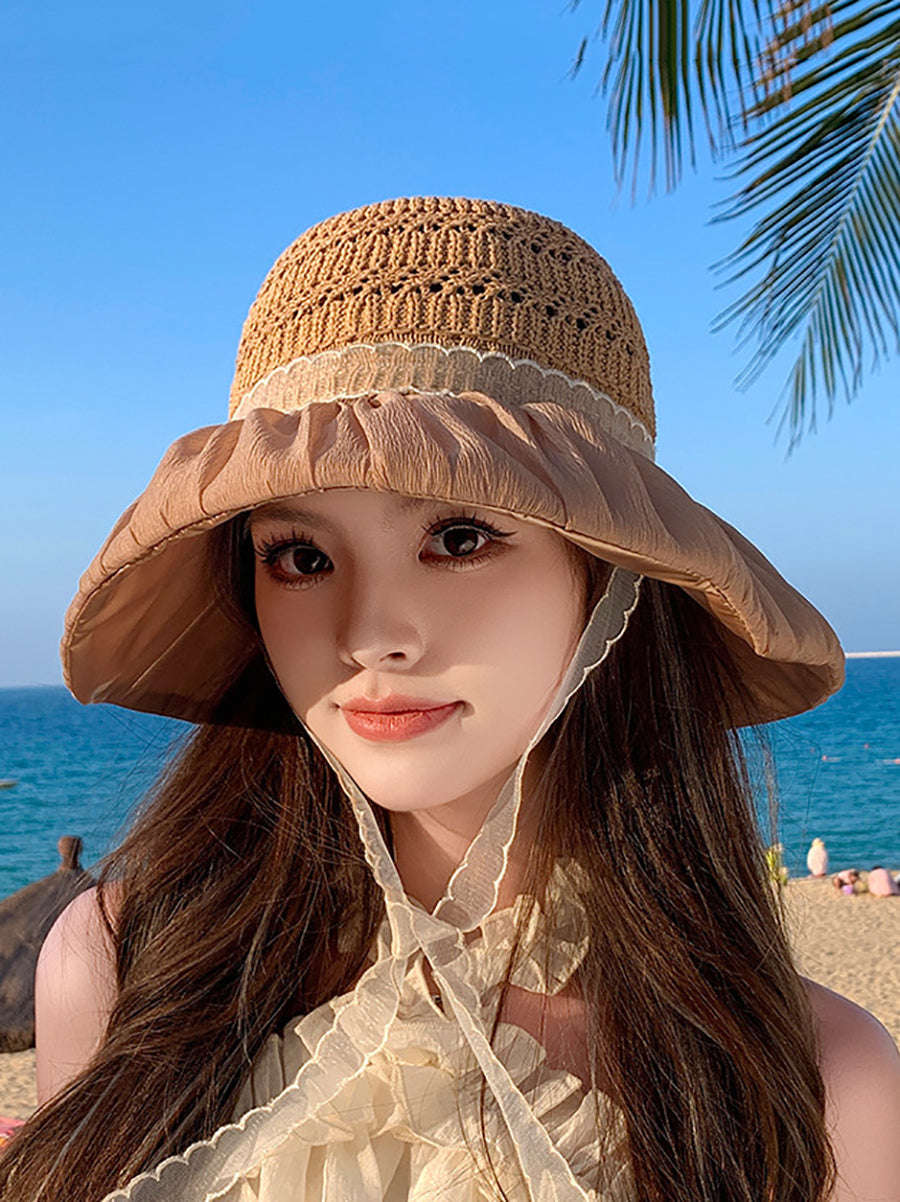 Women Summer Knitted Bowknot Spliced Sunproof Hat