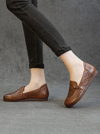 Women Vintage Genuine Leather Hollow Out Flat Shoes