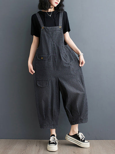Plus Size Women Summer Solid Casual Loose Denim Jumpsuits