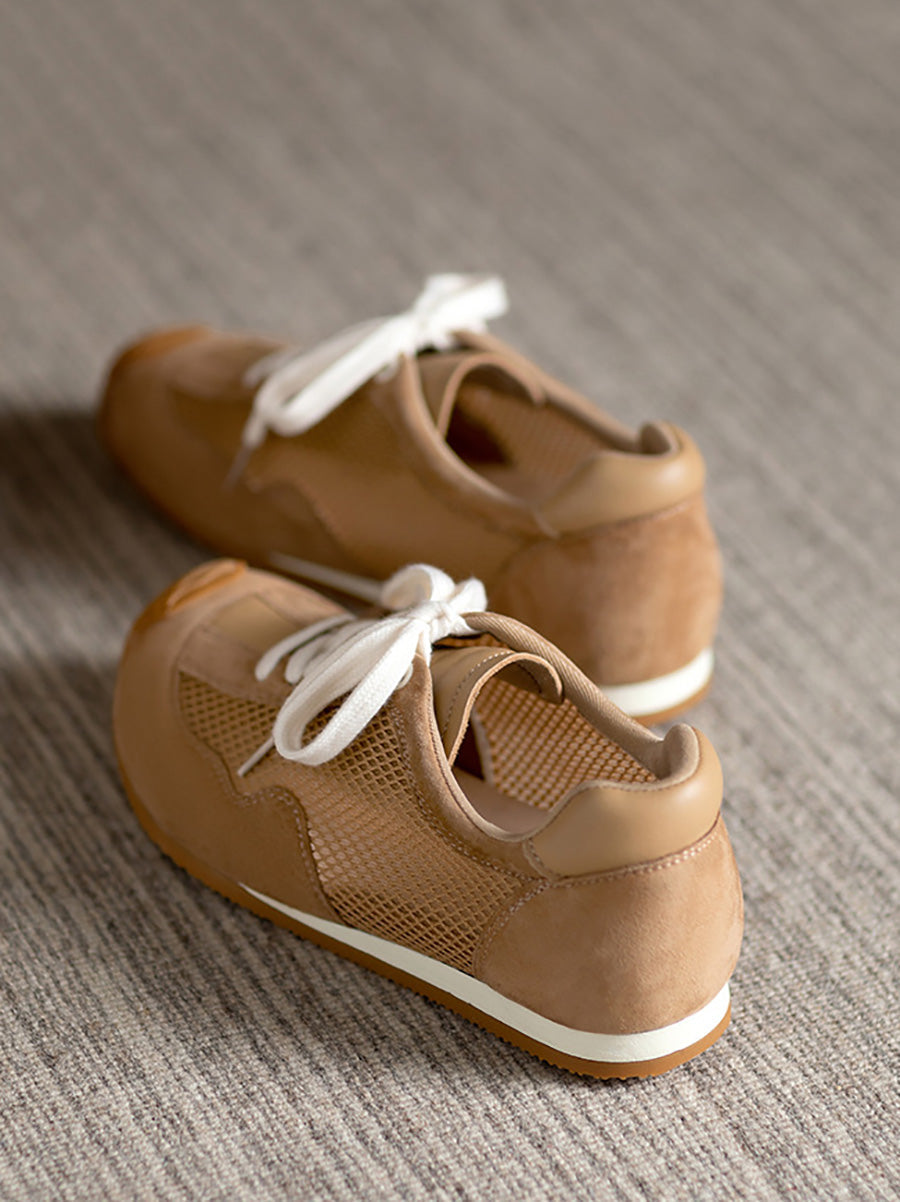 Women Summer Vintage Leather Spliced Mesh Shoes