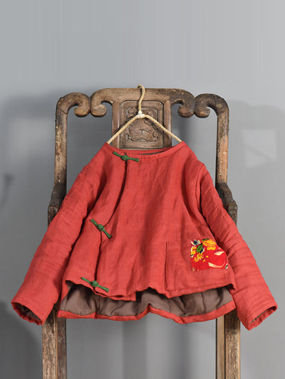 Women Winter Retro Patch O-Neck Ramie Padded Coat