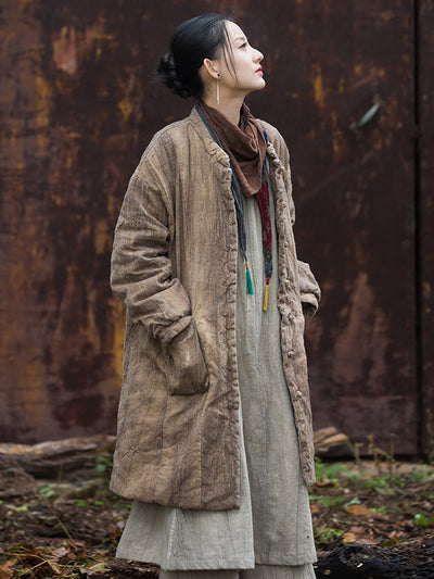 Women Winter Ethnic Solid Ramie Padded Long Coat