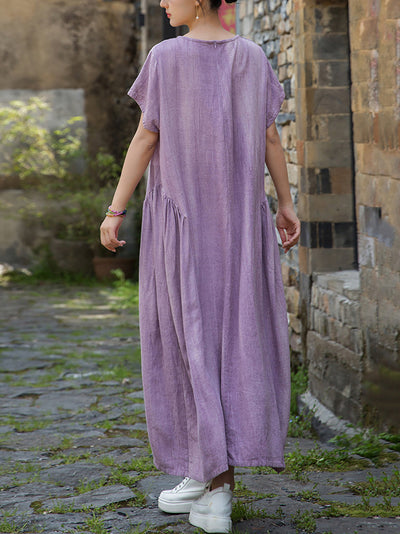 Women Summer Artsy Pure Color O-Neck Linen Dress