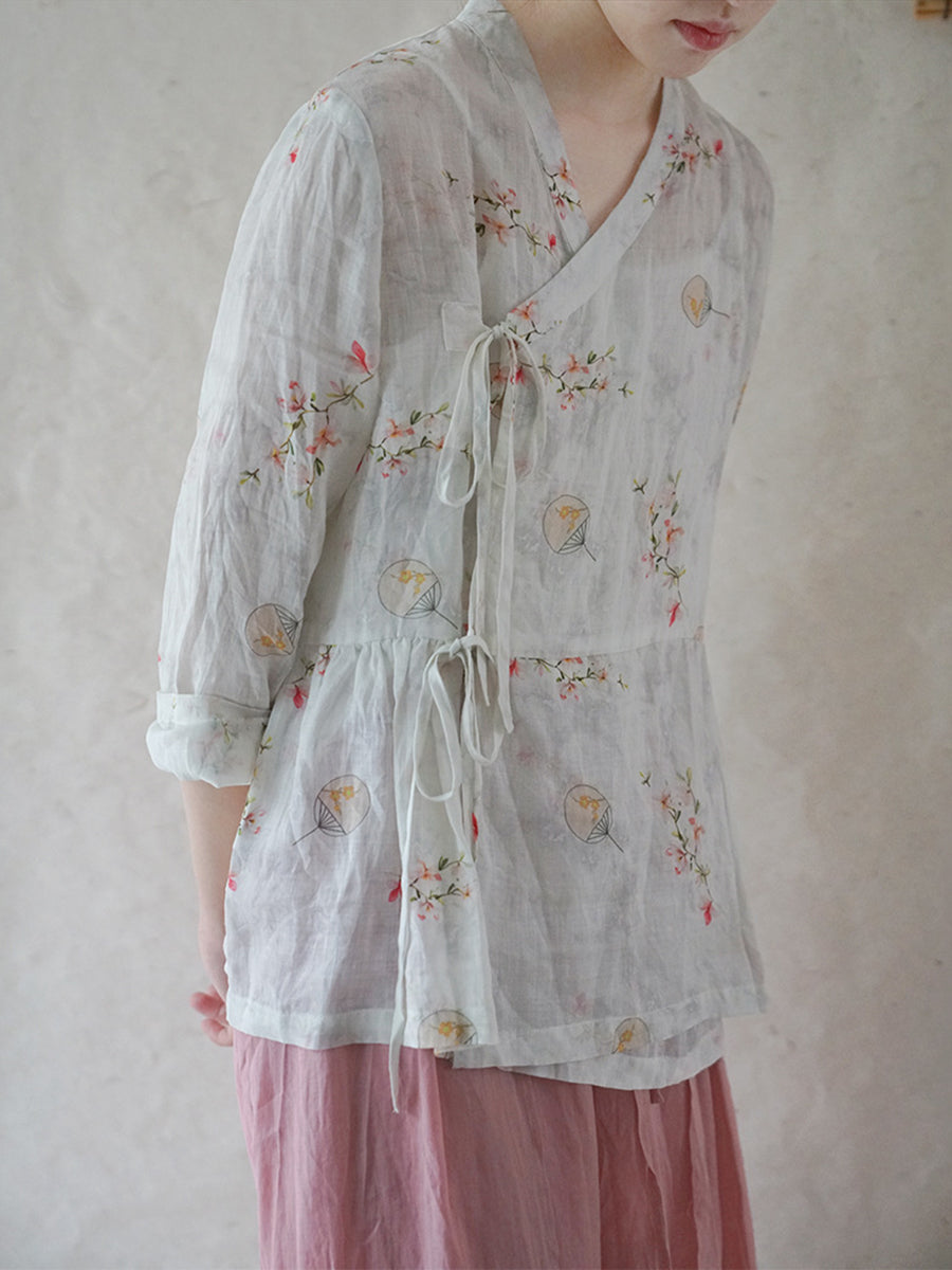 Women Chinese Style Flower Drawstring Loose Shirt