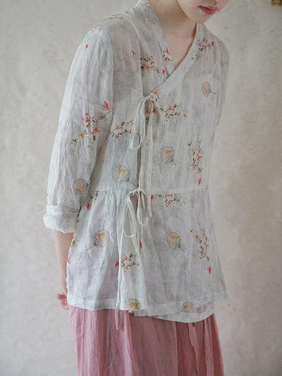 Women Chinese Style Flower Drawstring Loose Shirt