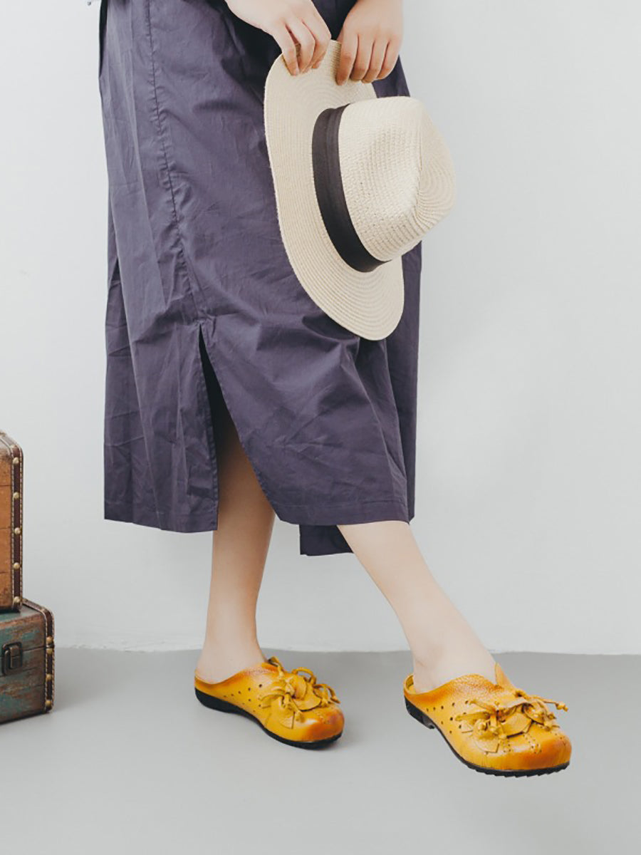 Women Vintage Leather Flower Low Heel Slippers