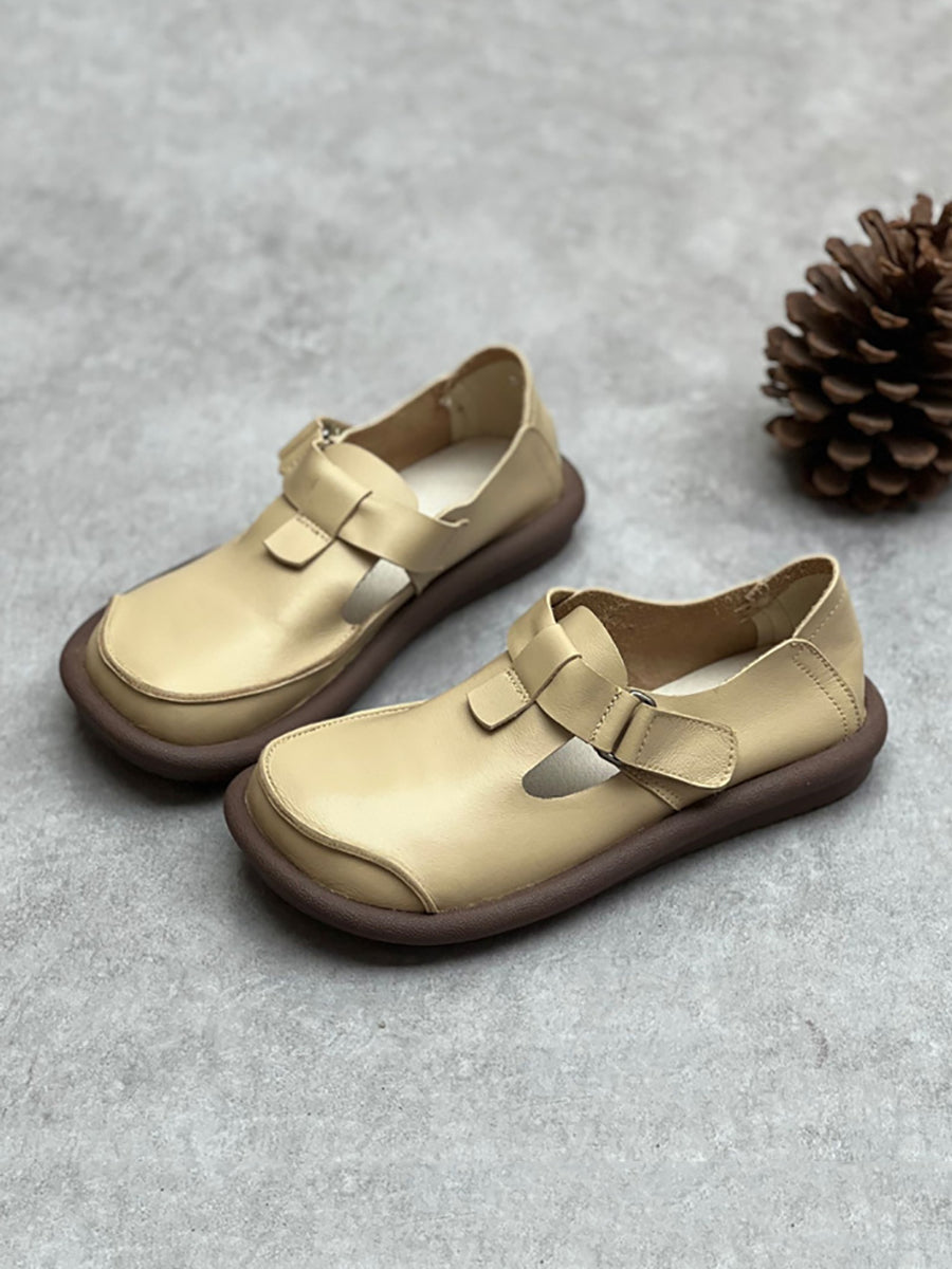 Women England Style Soft Leather Solid Flat Shoes