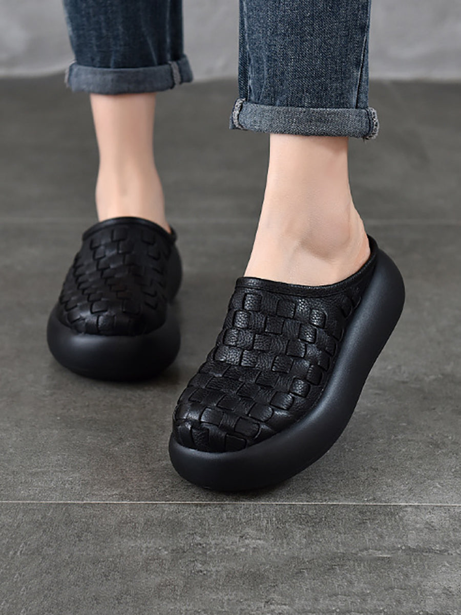 Women Genuine Leather Weave Platform Slippers