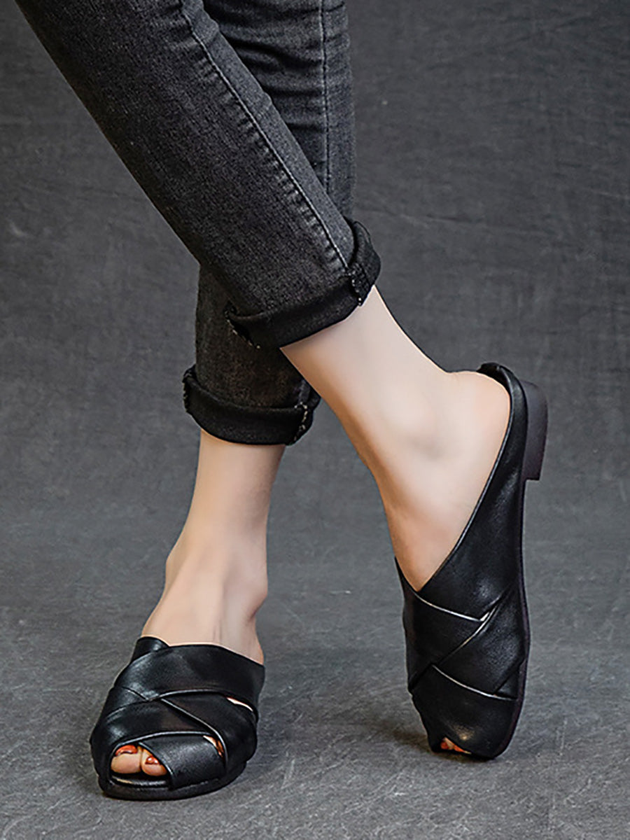 Women Summer Soft Leather Low Heel Weave Slippers