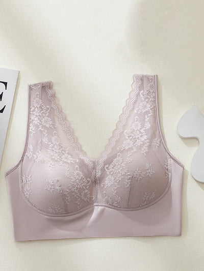 Women Artsy Pure Color Lace Satin Seamless Bra