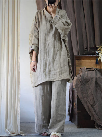 Plus Size Women Vintage Solid Linen Loose Long Blouse