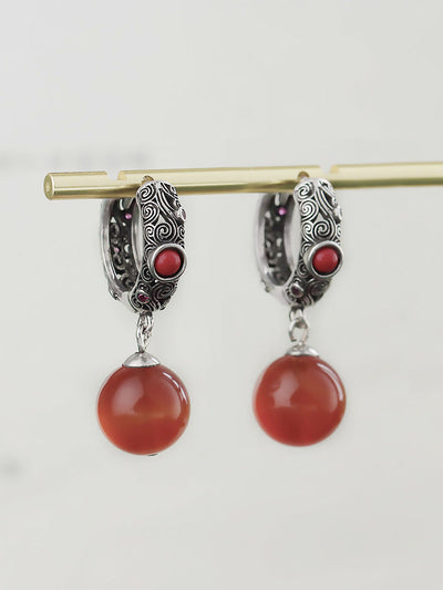 Vintage Red Agate Cooper-plating Silver Earrings