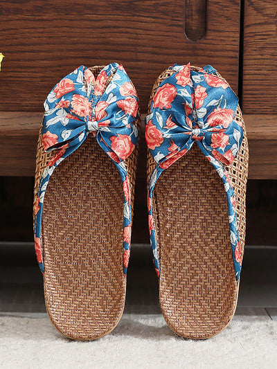 Women Ethnic Straw Weave Flower Bowknot Indoor Slippers