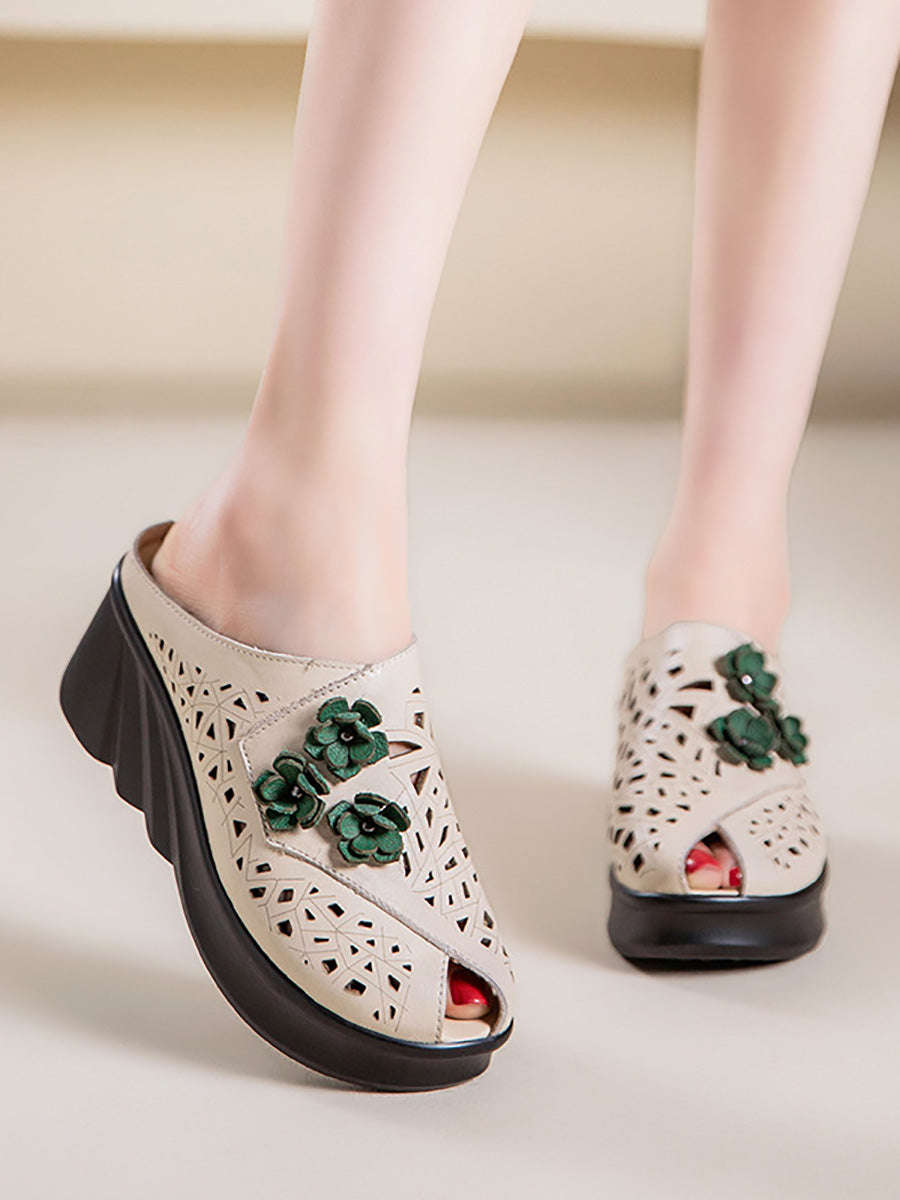 Women Summer Hollow Out Leather Platform Slippers