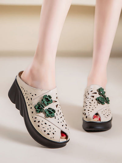 Women Summer Hollow Out Leather Platform Slippers