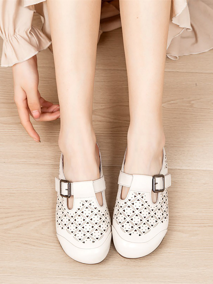 Women Vintage Genuine Leather Hollow Out Low Heel Shoes