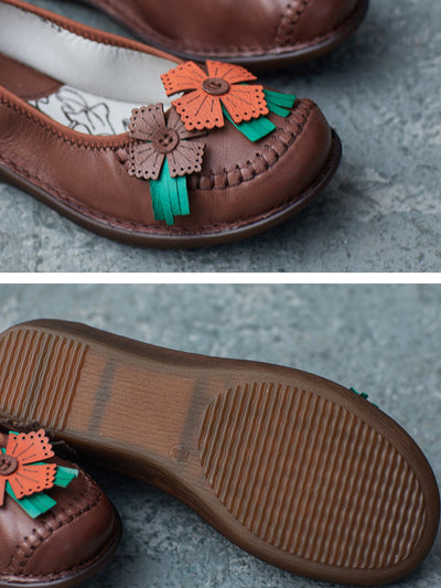 Women Spring Leather Flower Spliced Low Heel Shoes