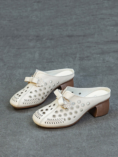 Women Summer Genuine Leather Hollow Out Mid Heel Slippers
