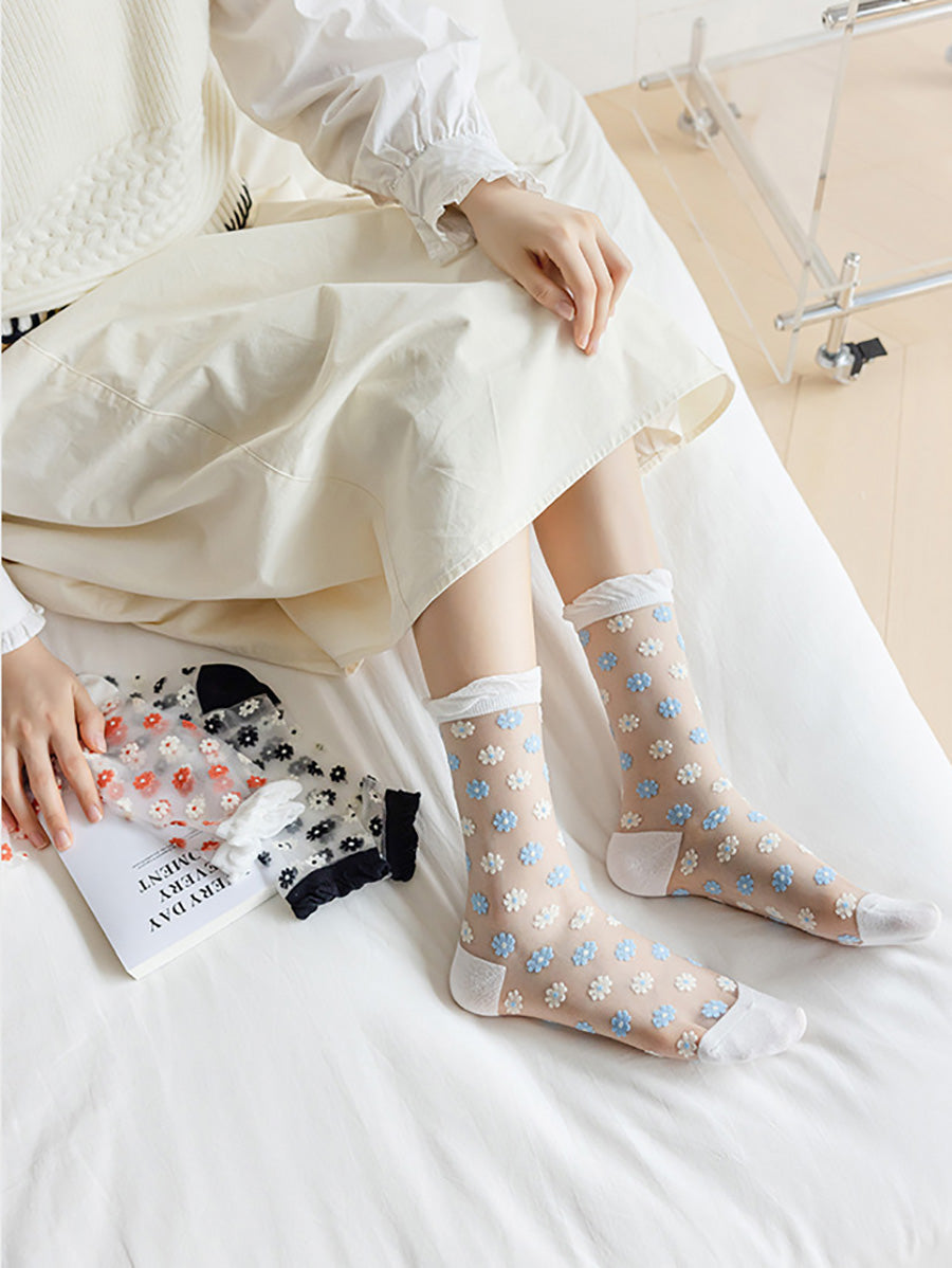 3 Pairs Women Artsy Summer Flower Thin Socks